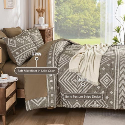 Yiran Boho Comforter Set Queen Size, 7 Pieces Aztec Brown Bed in a Bag