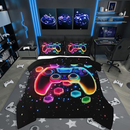 Game Consoles Kids Boys Reversible Comforter Set King Size,Gaming Quilt Set Galaxy 3D Neon Honeycomb Video Games Polyester Bedding Sets Gamer Room Decor Gifts,2 Pillowcases (Red Green Blue)