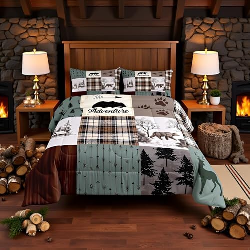 Rustic Farmhouse Kids Comforter Set Full Size,Deer Antlers Bear Animal Paws Plaids Patchwork Bedding Set for Boys Girls Room Decor,Pine Trees Arrows Down Comforter,Xmas Duvet Insert,2 Pillowcases