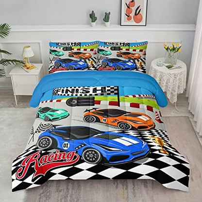 Axolotl Racing Car Bedding Set - Full, Cool Speed Race Car Comforter Set for Kids, Boys & Girls - 1 Comforter and 2 Pillowcases