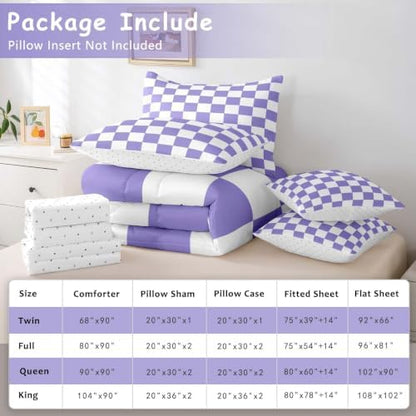 Feelyou Checkered Retro Comforter Set with Sheets 7 Piece King Size Purple Plaid Bedding Set for Kids Boys Girls Geometric Vintage Bed in a Bag Modern Simple Groovy Aesthetic Room Decor Soft