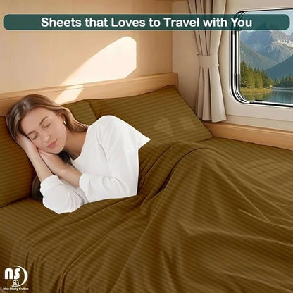 NON Sticky cotton RV Short Queen 4 Piece Sheet Set, 100% Long Staple Cotton, Soft Cooling Hotel Luxury Bedding Sheets, Deep Pocket Fits 15" Mattress, 60" x 75", Taupe Stripe