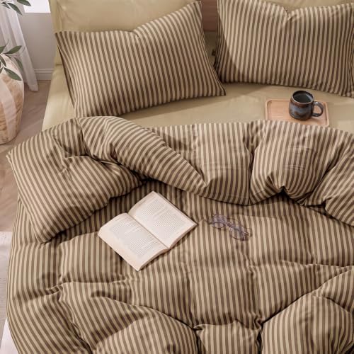 Bedbay Brown Striped Duvet Cover Set, 100% Cotton 300TC Sateen King Size Duvet Cover, Mocha Brown Fine Stripe Bedding, Soft Smooth Breathable Warm Neutral Set, 3 Pieces