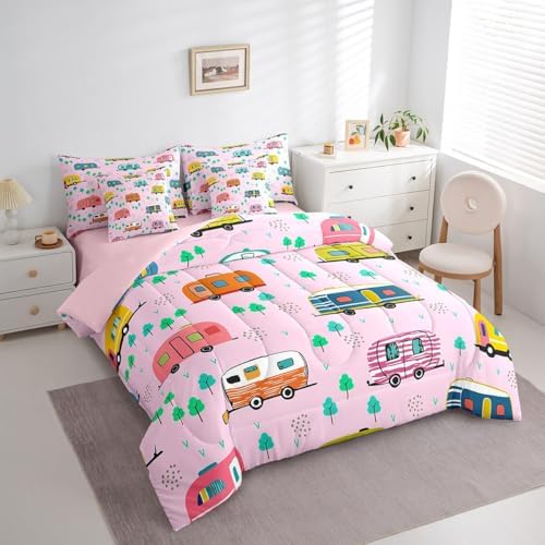Erosebridal Kids Travel RV Comforter Set Full Size,Camping Themed Bedding Set for Kids Teens,Cartoon Trees (Comforter+Fitted+Flat Sheet+2 Pillowcases+2 Throw Pillow Covers) 7 Pieces Bed Set