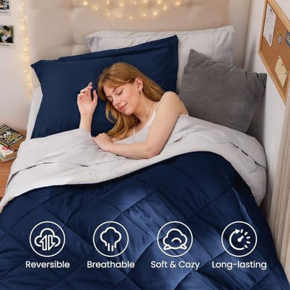 MUXHOMO 5 Pieces Twin XL Comforter Set, Reversible Bed in a Bag Twin XL Size, All Season Bedding Set with Comforter, Flat Sheet, Fitted Sheet, Pillowcases & Shams, Navy & Light Grey