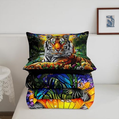Tiger Kids Comforter Set Twin Size,Sunflower Palm Leaf Botanical Tropical Jungle Bedding Set,Girls Boys Room Decor,Wildlife Animal Pine Rustic Quilt Comforter,Wild Chic Duvet Insert,1 Pillowcase