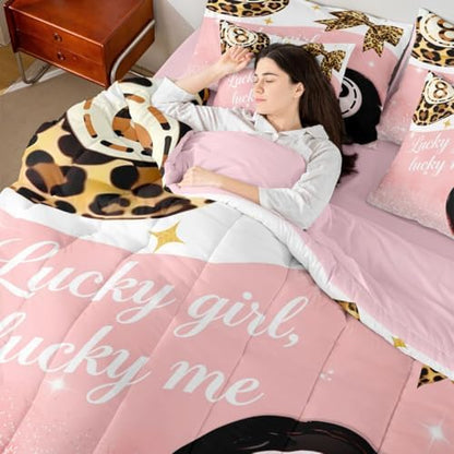 Funky Lucky 8 Ball 7 Piece Comforter Set Twin Size Bow Bedding Set For Girls Preppy Leopard Print Bowknot Bed In A Bag Coquette Room Decor,Fashion Trendy Y2K Bed Set,Pink Aesthetic Glitter Print