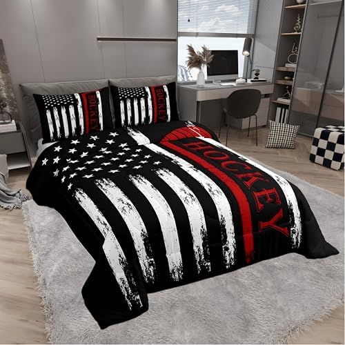 American Flag with Red Hockey Stick Comforter Set Queen Size Ice Hockey Bedding Set for Kids Boys Girls Bedroom Decoration Winter Sports Bed Duvet Insert Retro Comforter with 2 Pillowcase