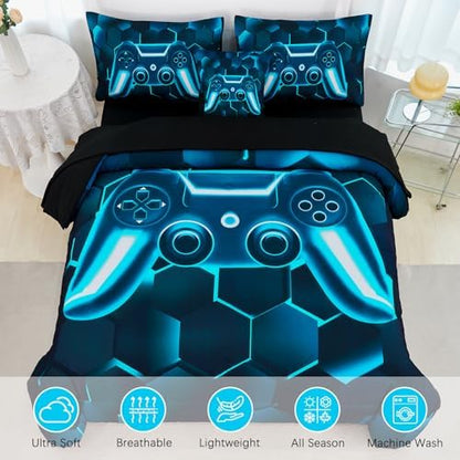 URBONUR 6 Pieces Gamer Comforter Set Twin Size for Teen Boys Blue Teal