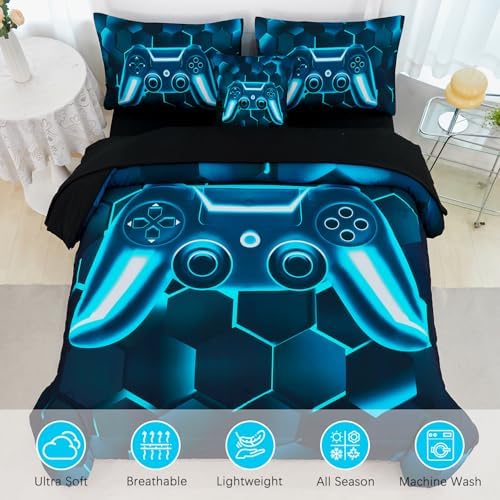 URBONUR 6 Pieces Gamer Comforter Set Full Size for Teen Boys Blue Teal