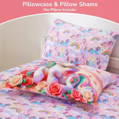 Viviland Kids Bedding Set Full Size Comforter Sets, Bed in Flower Unicorn Cover Set for Children