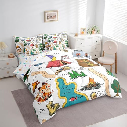 Erosebridal Camping Themed Bedding Set for Kids Teens,Camping Lover Comforter Set Twin Size,Cartoon Animal (Comforter+Fitted+Flat Sheet+2 Pillowcases+2 Throw Pillow Covers) 7 Pieces Bed Set