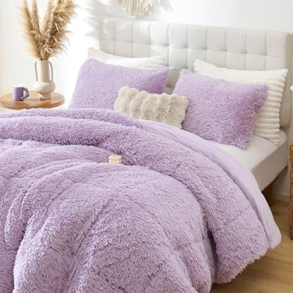 Smoofy Fluffy Queen Comforter Set, Purple Faux Fur Comforter Set 3 Pcs