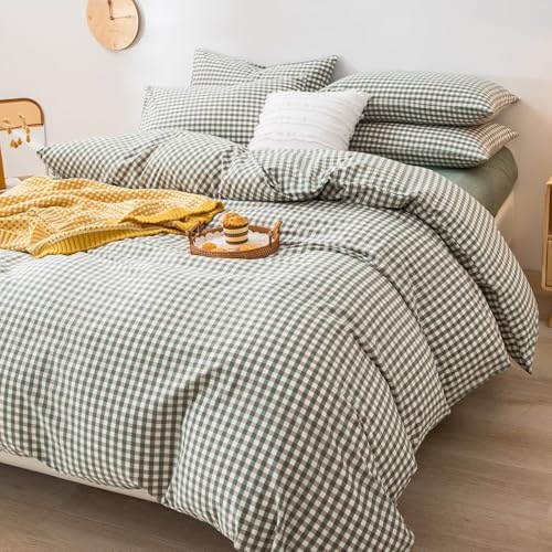mixinni Green Gingham Comforter Set King, Plaid Comforter Set 3 Pieces 1 Green Grid Comfoter with 2 Pillow Cases for All Seasons, Soft Fluffy Modern Grid Pattern Printed Bedding-King Size