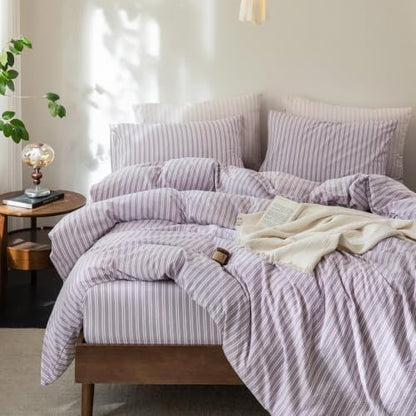 FOSSA Striped Duvet Cover Set 100% Washed Cotton Linen Feel Queen