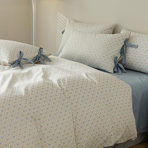 Blue Flower Duvet Cover Queen Chic Plaid Grid Print 100% Cotton Floral Bedding Set Cottagecore Flower Comforter Cover Vintage Country Bedding Aesthetic Floral Duvet Cover with 2 Bow Ties Pillowcases