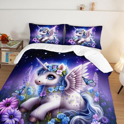 HOSIMA Starry Print Unicorn Queen Comforter for Kids with 2 Pillowcases.