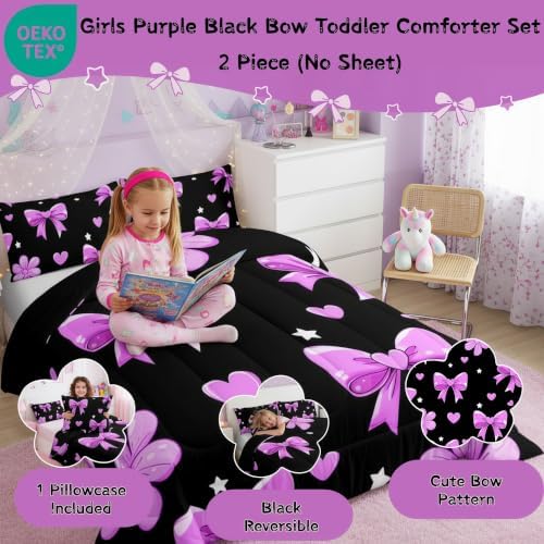jejeloiu Bowknot Comforter Set Toddler Size Bow Bedding Set for Kids Boys Girls Black Purple Duvet Quilt Cute Bow-tie Bedroom Decor Microfiber 2 Pcs with 1 Pillow Cases