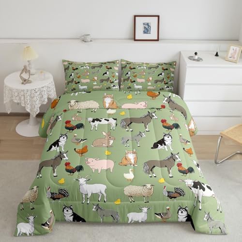 Feelyou Green Farm Animal Comforter Set Toddler Size Cute Animal Bedding Set for Kids Boys Girls Farm Theme Duvet Quilt Cartoon Bedroom Decor 2 Pcs with 1 Pillow Cases