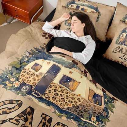 Erosebridal Happy Camping 7 Piece Bedding Set Leopard Print Camper Full Size Bed In A Bag For Kids Teens Adult Bedroom Vintage Rv Farmhouse Comforter Set With Sheets Rustic Cabin Lodge Bed Sets, Brown