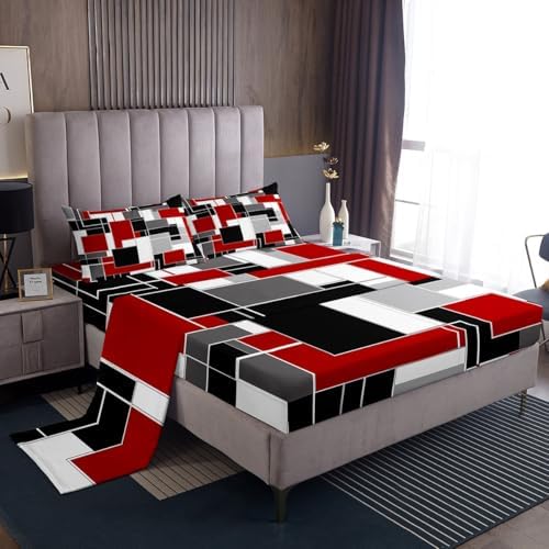 Feelyou Geometric Stripe Sheet Set Kids Abstract Art Rectangle Bed Set for Women Men Modern Bed Sheets Red White Black Sheets Bedroom Collection 4Pcs Full Size