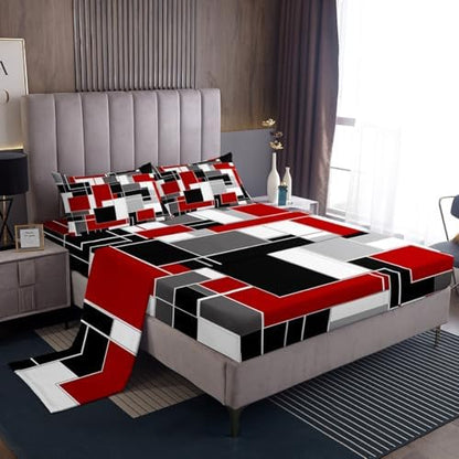 Feelyou Geometric Stripe Sheet Set Kids Abstract Art Rectangle Bed Set for Women Men Modern Bed Sheets Red White Black Sheets Bedroom Collection 4Pcs Full Size