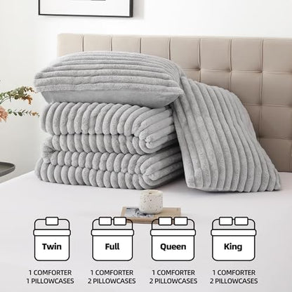 Smoofy Fluffy King Size Comforter 3 PCS - Light Grey Fleece Bedding Set
