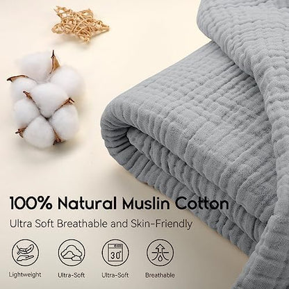 Yoofoss Muslin Blanket 100% Organic Cotton Large Twin Size 60" x 80" for Bed Couch Summer Gauze Blanket for Adults Lightweight and Breathable Grey