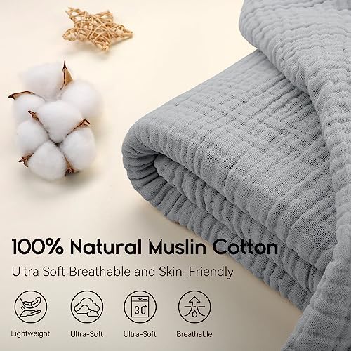 Yoofoss Muslin Blanket 100% Organic Cotton Throw Large 50" x 60" for Bed Couch Summer Gauze Blanket for Adults Lightweight and Breathable Grey