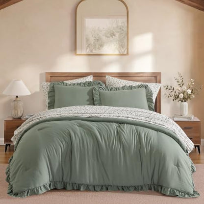 BLOOMHAVEN Full Size Comforter Sets-7 Pieces Ruffle Bedding Floral Sheet