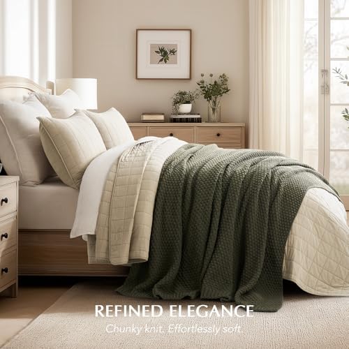 EVERGRACEHOME Chunky Chenille Knit Throw Blanket, 108x92, Olive Green