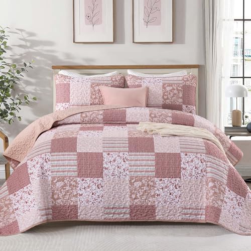 Mybedsoul Pink Boho Quilt King Size, Patchwork Reversible Bedding Set