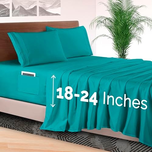 Elegant Comfort 4-Piece Bed Sheet Set - Luxury Bedding 1500 Premium Hotel Quality Microfiber, All Around Elastic 18-24 Inches Deep Fitted Sheet- Extra Deep Pocket Sheets, Full, Teal