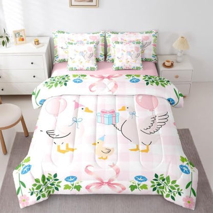 Erosebridal Cute Goose Duck 7-Piece Bed in a Bag Full Pink Geometric Grid Cartoon Animal Bedding Set Kids Girls Pastel Coquette Bowknot Comforter Set with Sheets Teens Leaf Floral Plaid Birthday Decor