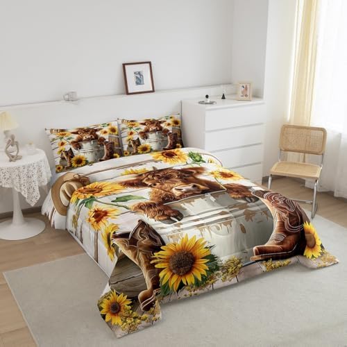 jejeloiu Funny Highland Cow Comforter Set Queen Size Kids Highland Cattle Sunflower Bedding Set Boys Girls Farmhouse Rustic Duvet Breathable Western Quilt Bedroom Decor,1 Comforter with 2 Pillowcase