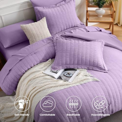 FreshCulture Twin Size Comforter Set Seersucker 5 Pieces, All Season Bedding Set Twin, Soft Bed in a Bag Comforter Set with Comforter, Flat Sheet, Fitted Sheet, Pillowcase and Pillow Sham, Purple