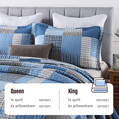 Y-PLWOMEN 100% Cotton King Size Quilt Farmhouse Plaid 3-Pieces Bedding