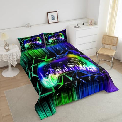 Castle Fairy Modern Gamepad Comforter Set,Kids Reversible Gaming Bedding Set for Kids Teens,Green Blue Honeycomb Quilt Set,Duvet Insert 2 Pcs with 1 Pillowcase,Toddler