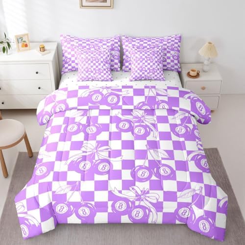 Lucky 8 Ball 7 Piece Bedding Set Full Purple Fashion Y2K Comforter Set For Kids Boys Girls Coquette Bow Bed In A Bag With Sheets Violet White Checkered Plaid Bed Set Trendy Aesthetic Preppy Room Decor