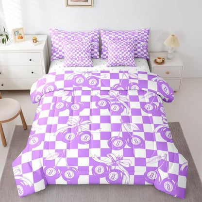 Lucky 8 Ball 7 Piece Bedding Set Full Purple Fashion Y2K Comforter Set For Kids Boys Girls Coquette Bow Bed In A Bag With Sheets Violet White Checkered Plaid Bed Set Trendy Aesthetic Preppy Room Decor