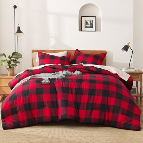 Andency Buffalo Plaid Comforter Twin, Red Black Checkered Gingham Grid
