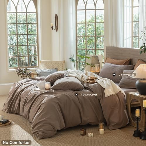 MooMee Wavy Striped Duvet Cover Set 100% Washed Cotton Linen Like Textured Breathable Durable Soft Comfy (Brown, Super Queen 90"x98")
