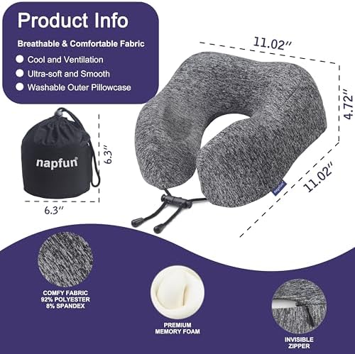 napfun Neck Pillow for Travel, Memory Foam Airplane Pillow, Full Grey