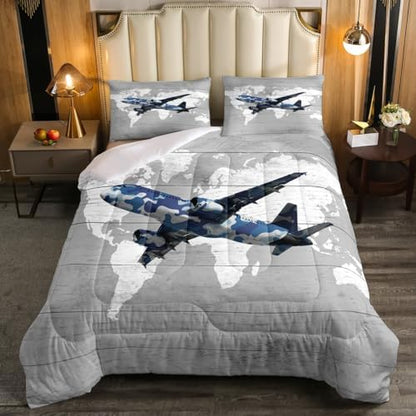 Erosebridal Kids Adult Airplane Comforter Set King Size,Navy Blue Camo Plane Bedding Set for Toddler Boys Girls,Aviation Decor for Home Aircraft Comforter Set Breathable Map Quilt Bed Set 3Pcs