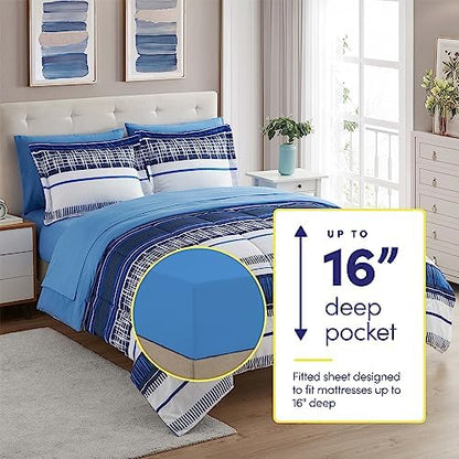Sweet Home Collection 7 Piece Comforter Set Bag Solid Color All Season Soft Down Alternative Blanket & Luxurious Microfiber Bed Sheets, Mediterranean, Queen