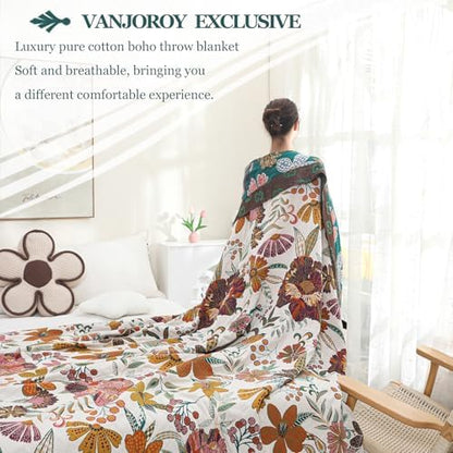VANJOROY Boho Throw Blanket for Bed, 100% Cotton Muslin Soft Twin Throw-Floral Farmhouse Rustic Decor Blanket for Couch Sofa Quilt and Gift, 60" x 80"-BeigeWhite