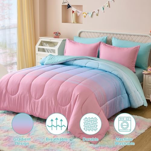 Dinjoy Girls Comforter Set Twin Size 5 Pieces Bed in A Bag Colorful Ombre Pink Green Rainbow Bedding Set for Kids Teen (1 Comforter, 1 Flat Sheet, 1 Fitted Sheet, 1 Pillow sham, 1 Pillowcases)