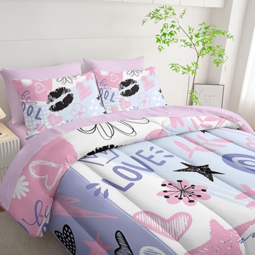 7Pcs Comforter Set Pink Purple Graffiti Stars Hearts Printed Bedding Set with 1 Comforter,1 Flat Sheet,1 Fitted Sheet and 4 Pillowcases Bedroom All Season(Twin)