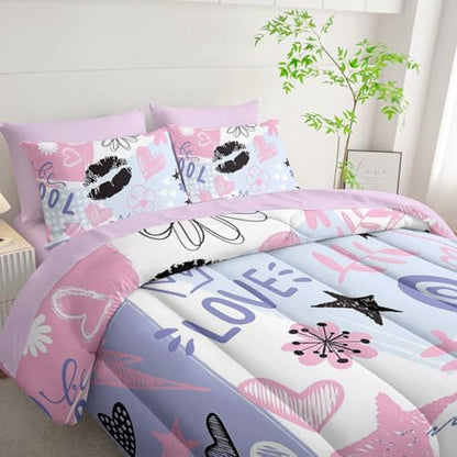 7Pcs Comforter Set Pink Purple Graffiti Stars Hearts Printed Bedding Set with 1 Comforter,1 Flat Sheet,1 Fitted Sheet and 4 Pillowcases Bedroom All Season(Twin)