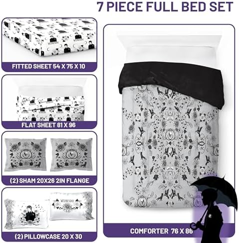 Wednesday Addams Full Size Comforter Set 7 Piece Floral Bedding, Gray